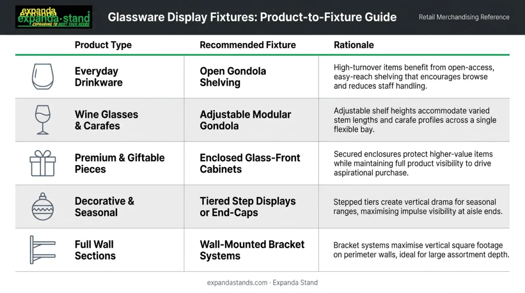 Supermarket glassware fixture type comparison chart by product category