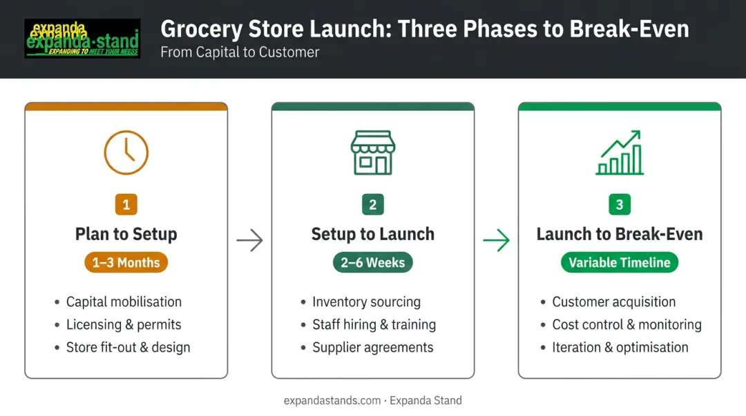 Three-phase grocery store launch timeline from planning to break-even