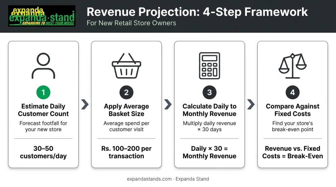 Four-step grocery store revenue projection calculation process flow infographic