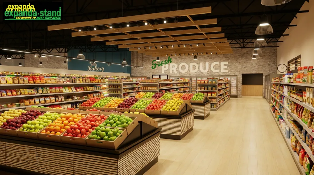 Well-organized grocery store interior layout with shelving and product placement