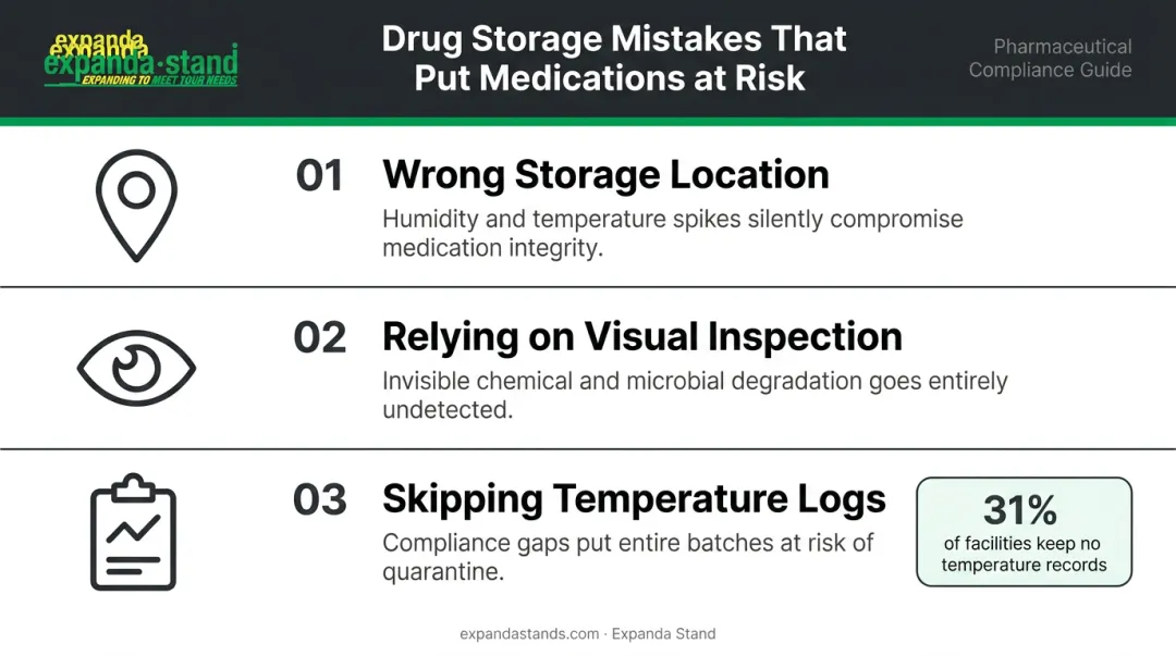 Three most common preventable drug storage mistakes and consequences overview infographic