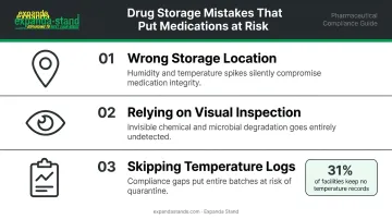 Three most common preventable drug storage mistakes and consequences overview infographic