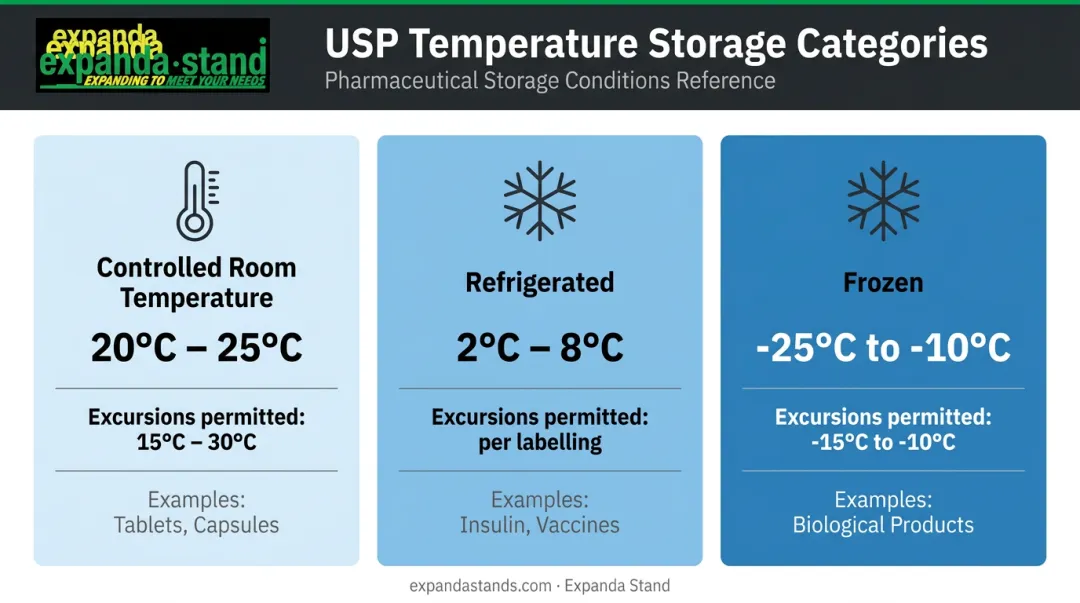 USP pharmaceutical temperature storage categories controlled room refrigerated and frozen comparison chart