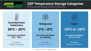 USP pharmaceutical temperature storage categories controlled room refrigerated and frozen comparison chart