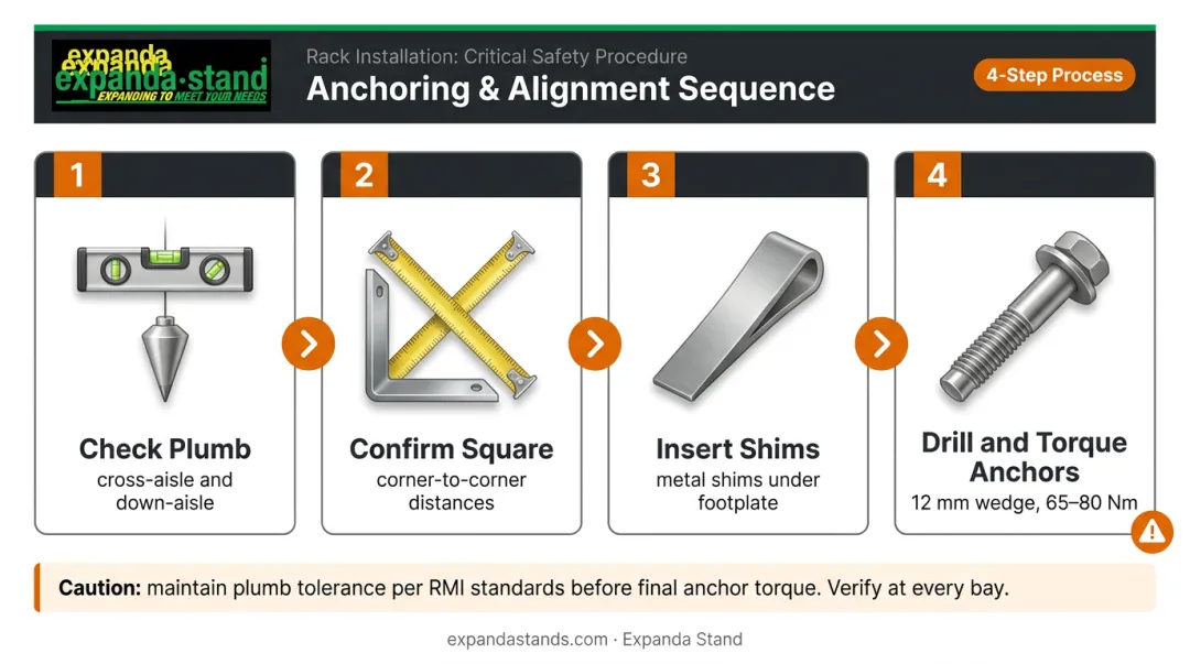 Pallet rack anchoring sequence four-step plumb align shim and bolt process