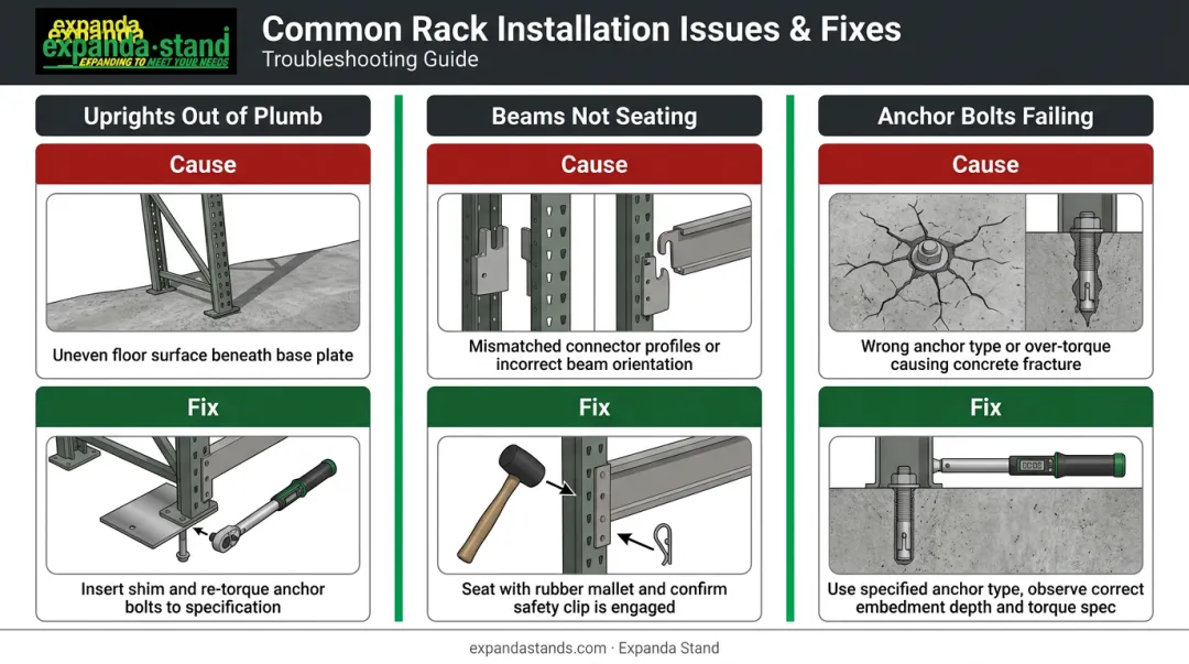 Three common pallet rack installation problems causes and fixes comparison chart