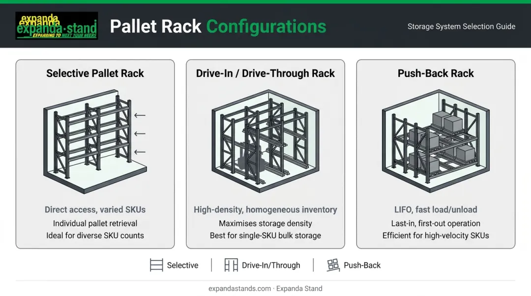 Three pallet rack types comparison selective drive-in and push-back configurations