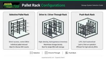 Three pallet rack types comparison selective drive-in and push-back configurations