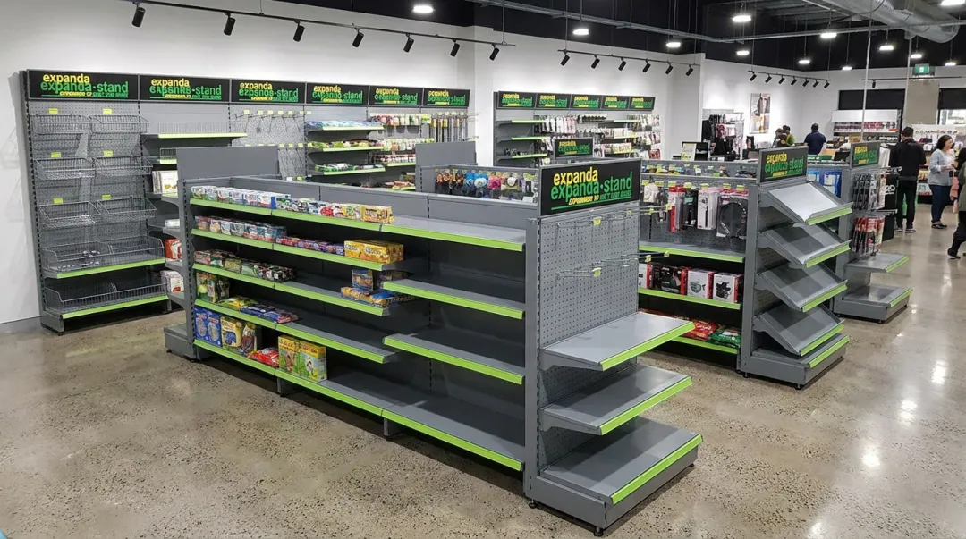 Modular gondola shelving display fixtures configured for flexible retail floor layout