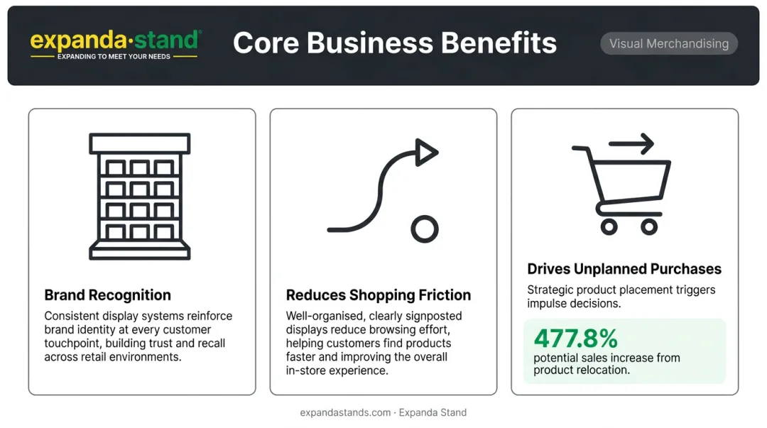 Three visual merchandising business benefits with retail sales statistics infographic