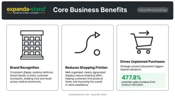 Three visual merchandising business benefits with retail sales statistics infographic