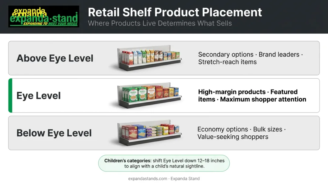 Retail shelf product placement hierarchy eye-level mid-level and lower-level zones