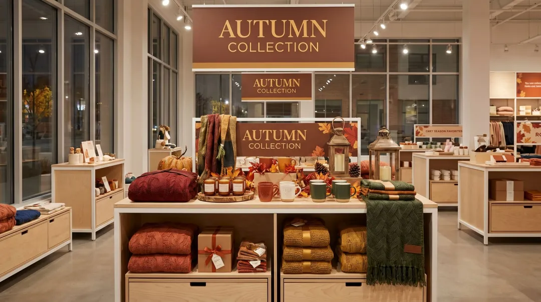 Seasonal retail store display with coordinated colours props and themed signage