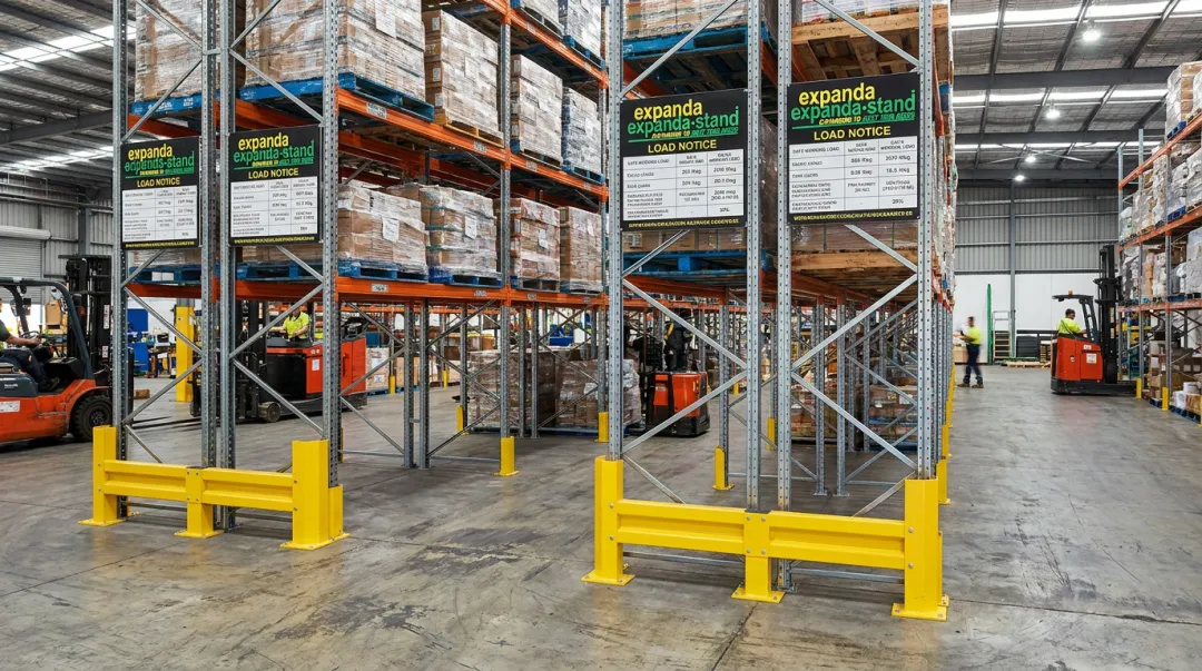 Expanda Stand pallet rack system with upright protectors load notices and rack guards installed