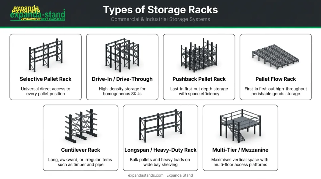 Seven types of storage racks comparison guide for warehouse applications