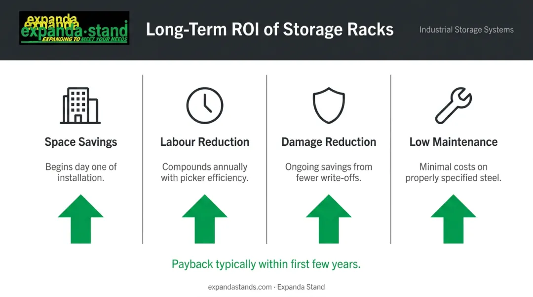 Storage rack long-term ROI breakdown across space labour damage and maintenance savings