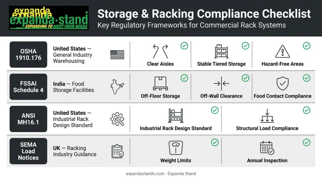Storage rack regulatory compliance checklist covering OSHA FSSAI ANSI and SEMA standards