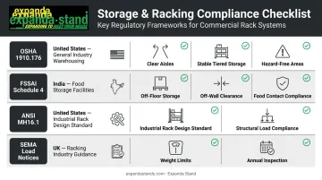 Storage rack regulatory compliance checklist covering OSHA FSSAI ANSI and SEMA standards