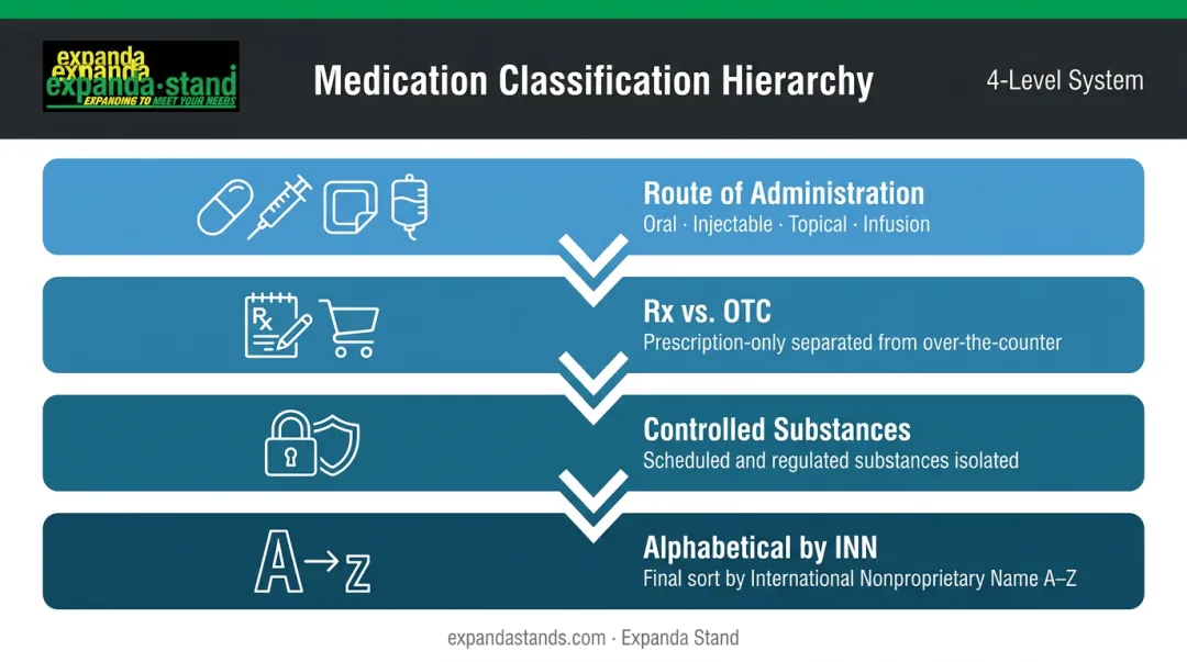 Four-level pharmacy medication classification hierarchy from route to alphabetical INN order