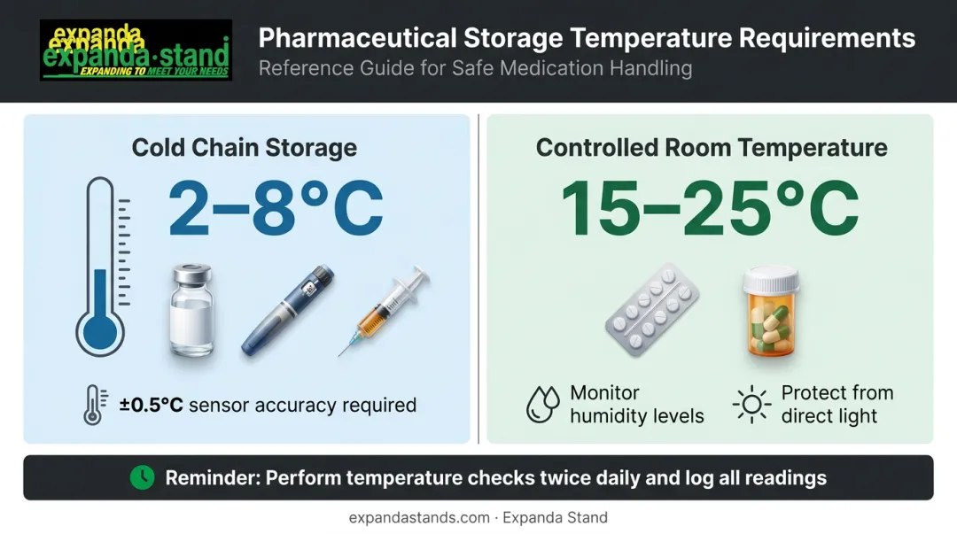 Pharmacy storage temperature zones comparison showing cold chain versus controlled room temperature requirements