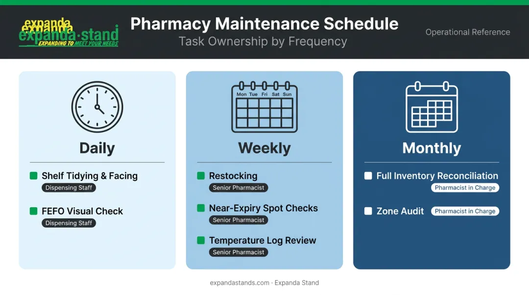 Pharmacy maintenance schedule table showing daily weekly monthly tasks and named owners