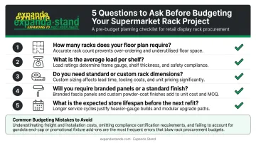 Five-question supermarket rack budget planning checklist infographic for retailers