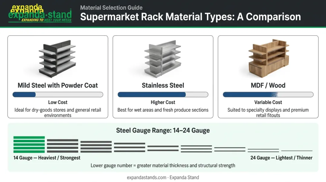 Supermarket rack material comparison mild steel stainless steel MDF cost and use cases