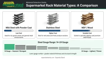 Supermarket rack material comparison mild steel stainless steel MDF cost and use cases