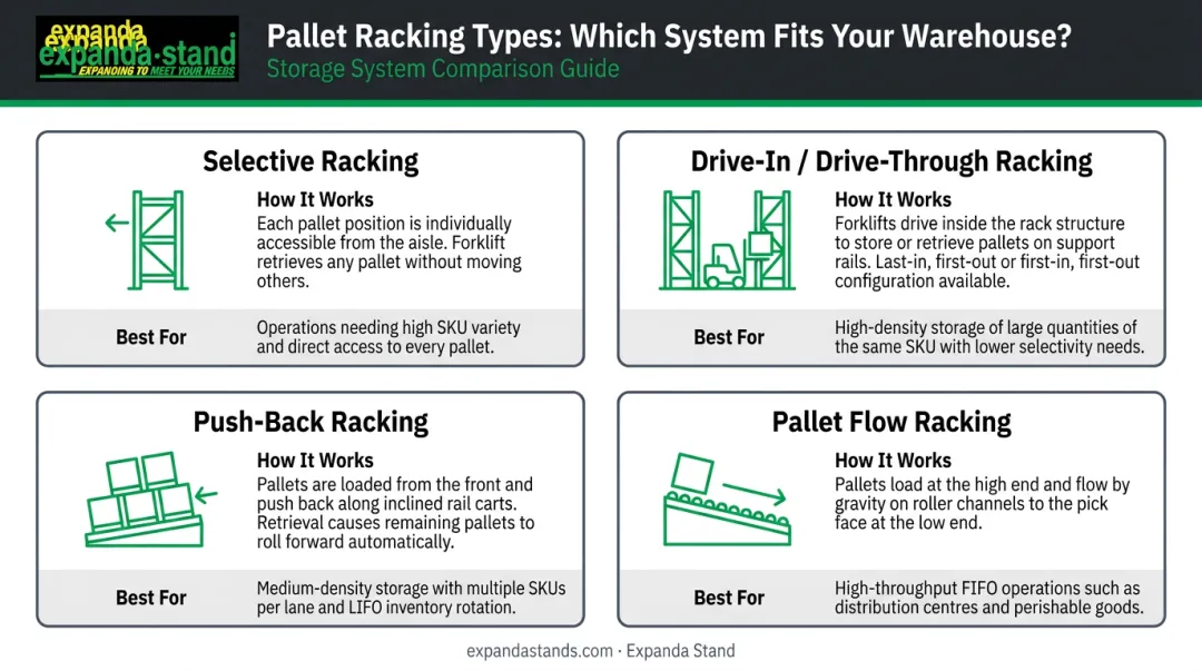 Four pallet racking variants comparison chart showing access methods and best uses