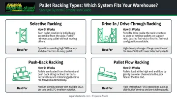 Four pallet racking variants comparison chart showing access methods and best uses