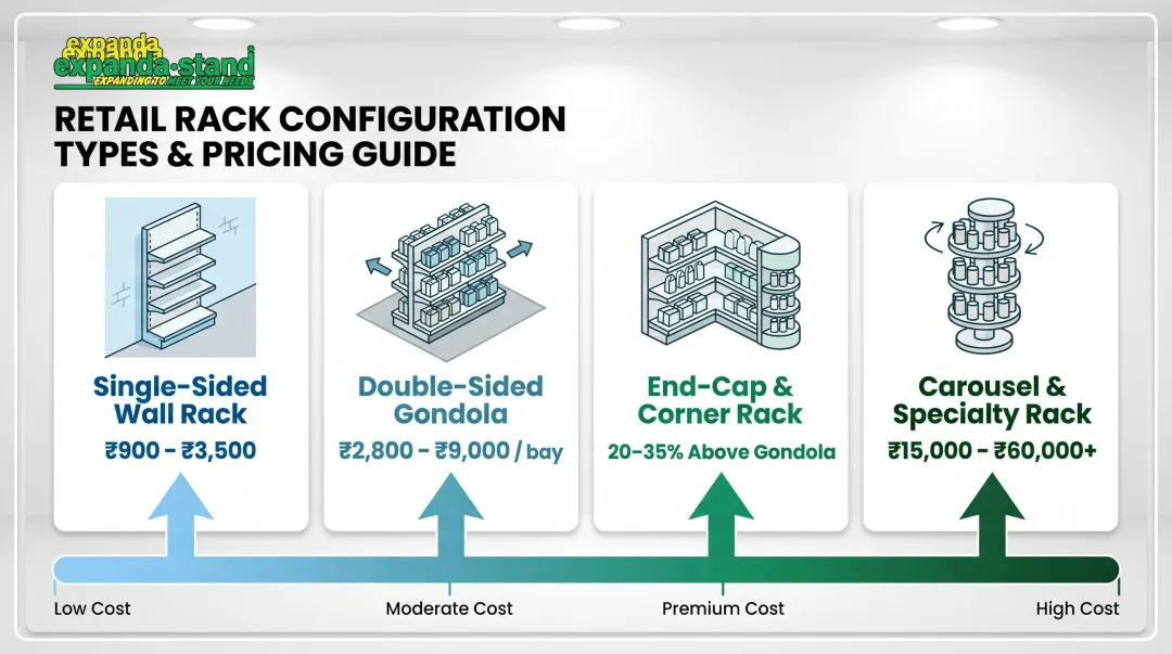 Display rack configuration types and price comparison single-sided to carousel