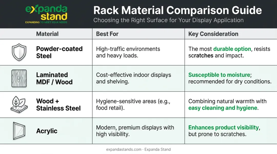 Retail display rack material comparison chart covering steel wood acrylic and stainless steel