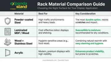 Retail display rack material comparison chart covering steel wood acrylic and stainless steel