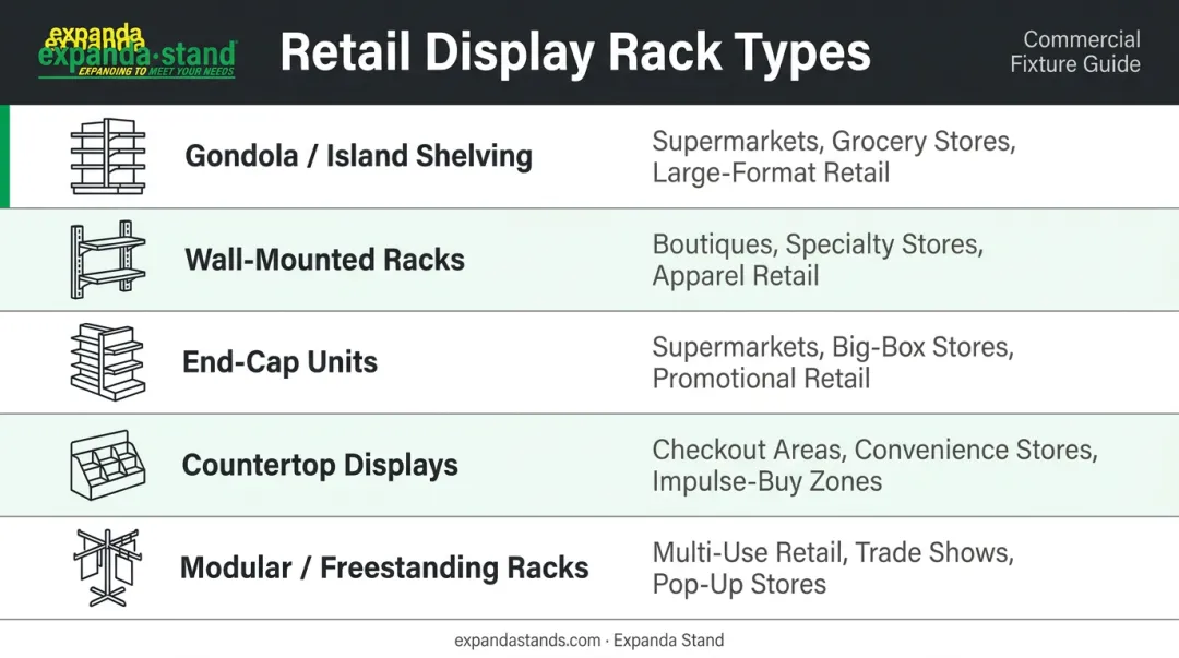 Five retail display rack types matched to store format comparison chart