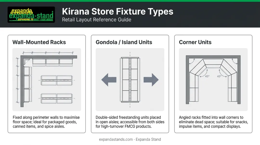 Three Kirana store shelf types wall-mounted gondola and corner units layout diagram