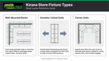 Three Kirana store shelf types wall-mounted gondola and corner units layout diagram