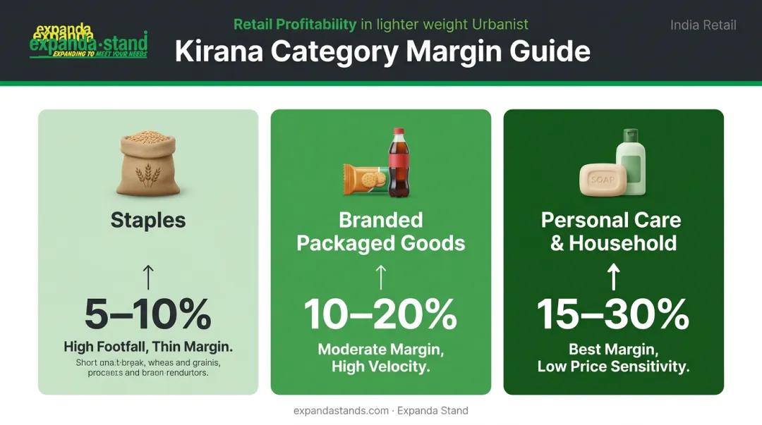 Kirana store product category profit margin comparison staples versus packaged goods versus personal care
