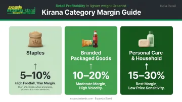 Kirana store product category profit margin comparison staples versus packaged goods versus personal care