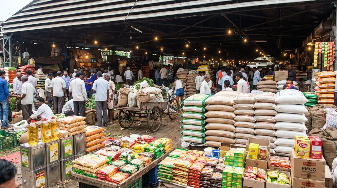 Wholesale mandi market with FMCG distributors and packaged goods supplier stalls