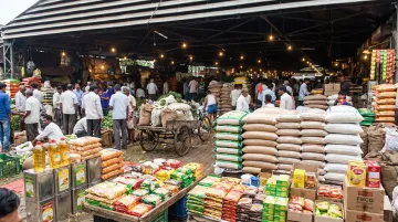 Wholesale mandi market with FMCG distributors and packaged goods supplier stalls