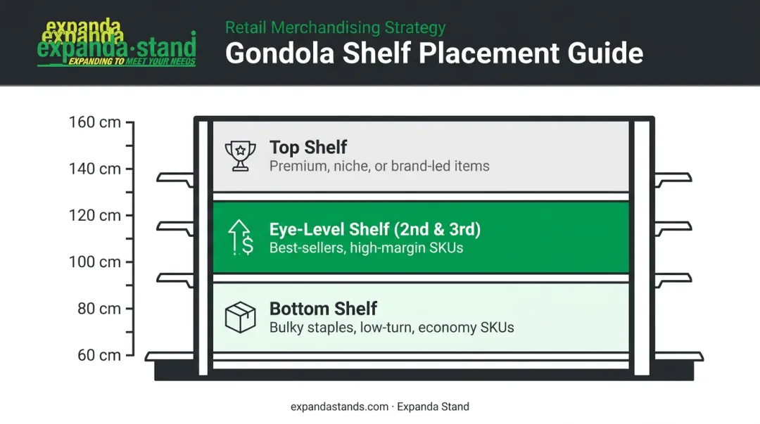 Three-tier supermarket shelf assignment chart by product type and margin
