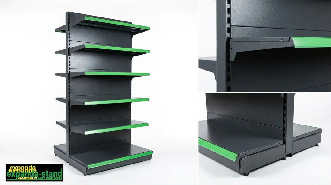 Expanda Stand powder-coated steel gondola rack showing modular construction and shelf adjustability