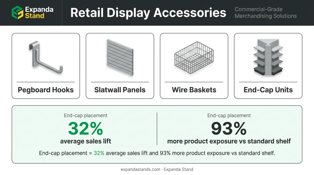 Gondola rack accessory types and end-cap promotional sales lift statistics comparison infographic