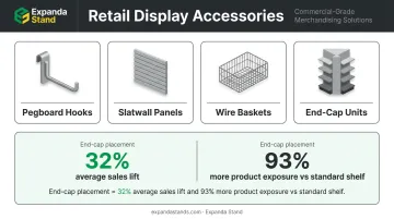 Gondola rack accessory types and end-cap promotional sales lift statistics comparison infographic