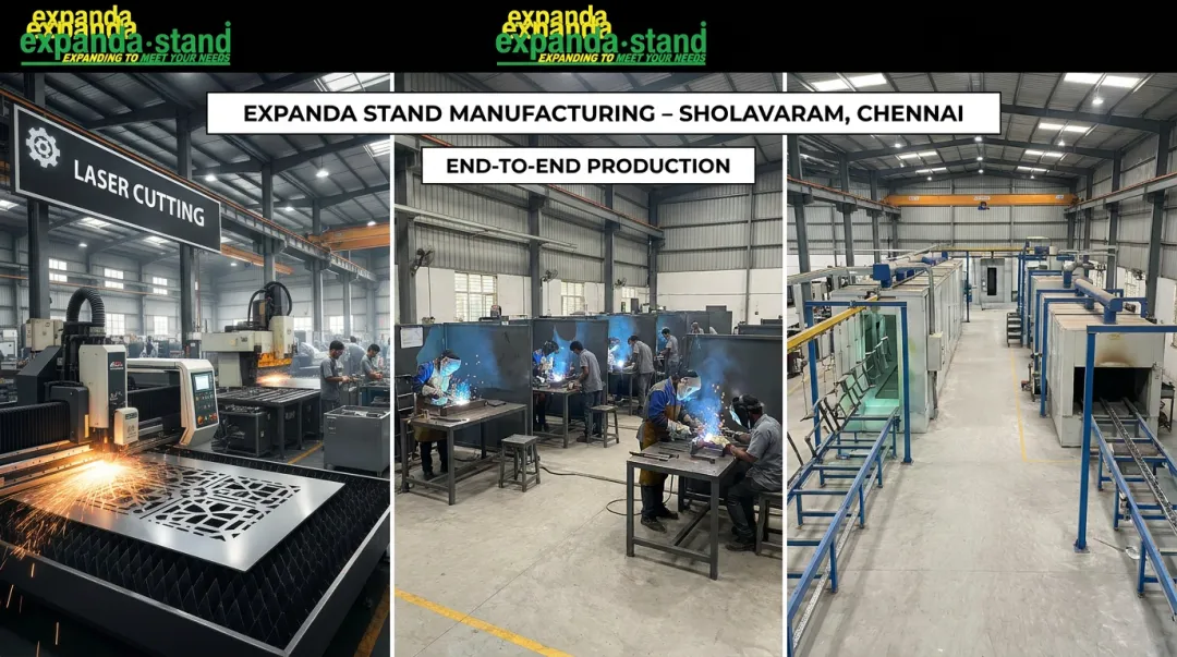 Expanda Stand manufacturing facility showing laser cutting powder coating and welding operations