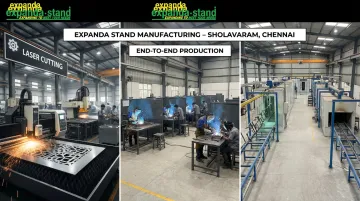 Expanda Stand manufacturing facility showing laser cutting powder coating and welding operations