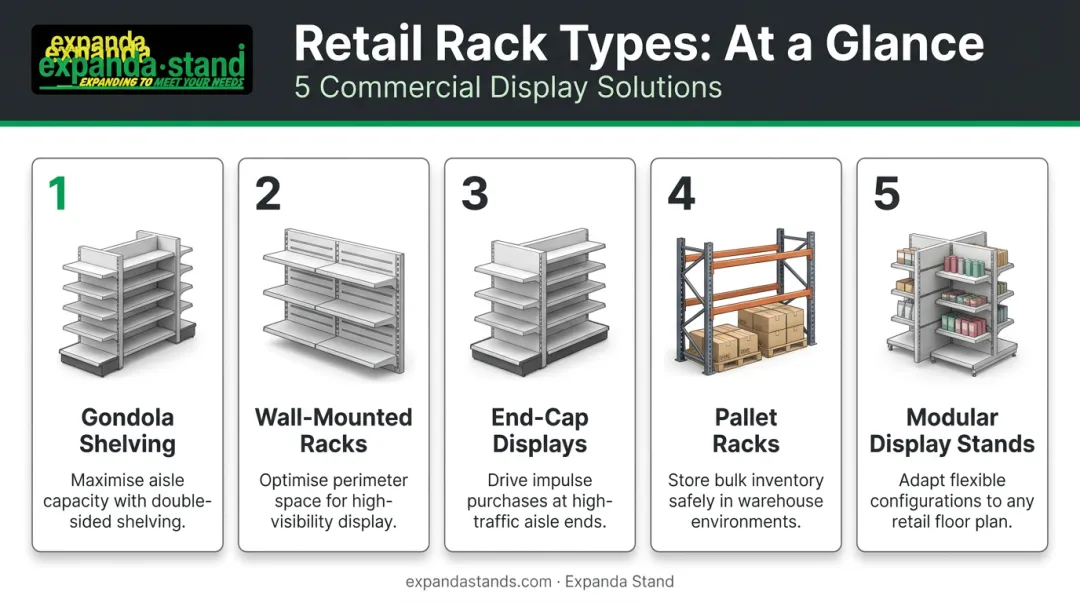 Five retail rack types comparison infographic for supermarket shelving