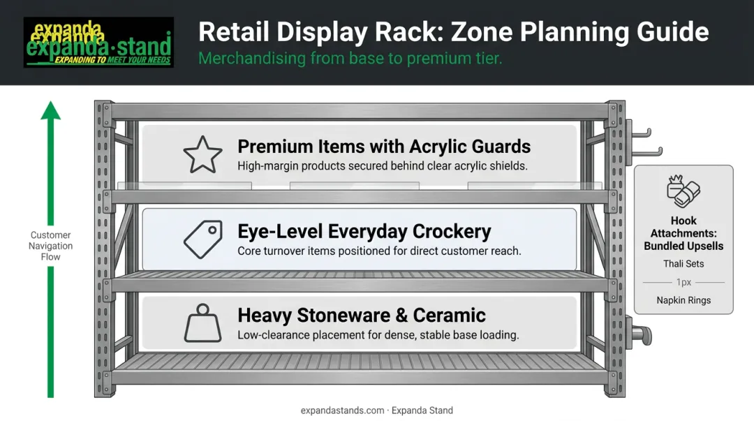 Multi-tiered crockery rack zoning strategy by material type and price range