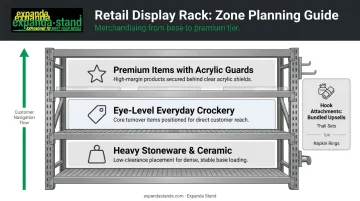 Multi-tiered crockery rack zoning strategy by material type and price range