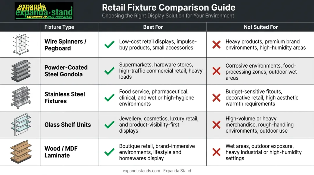 Retail display rack types comparison chart matching fixture to product category